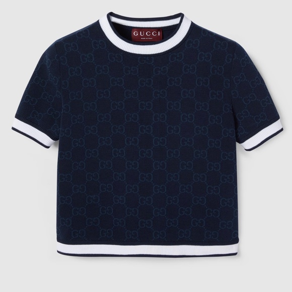 New Gucci 2025 GG Logo Monogram Fine Cotton Jacquard Top in Navy S - Picture 9 of 9